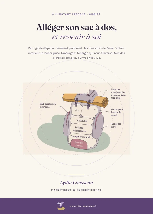 Couverture de l'ebook « À l'instant présent, petit guide pour alléger son sac à dos » de Lydia Cousseau
